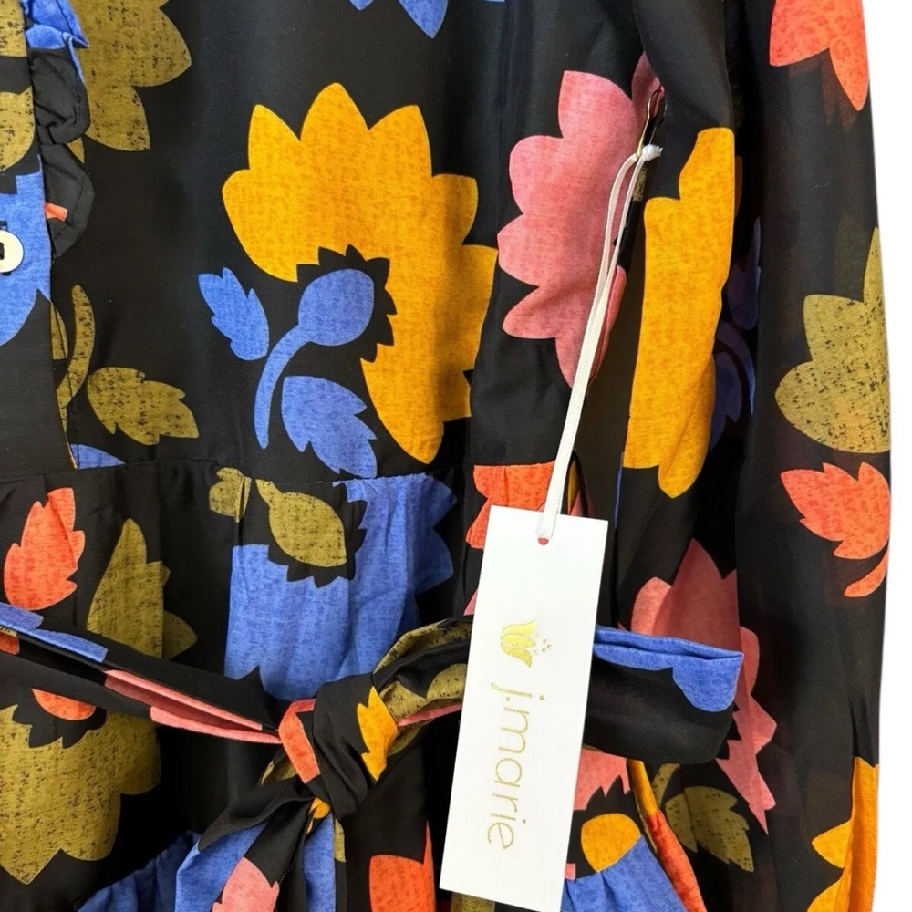 NWT J.Marie Black Flounce Bright Flowers Dress Small S Long Sleeve Tiered Boho - Picture 3 of 6